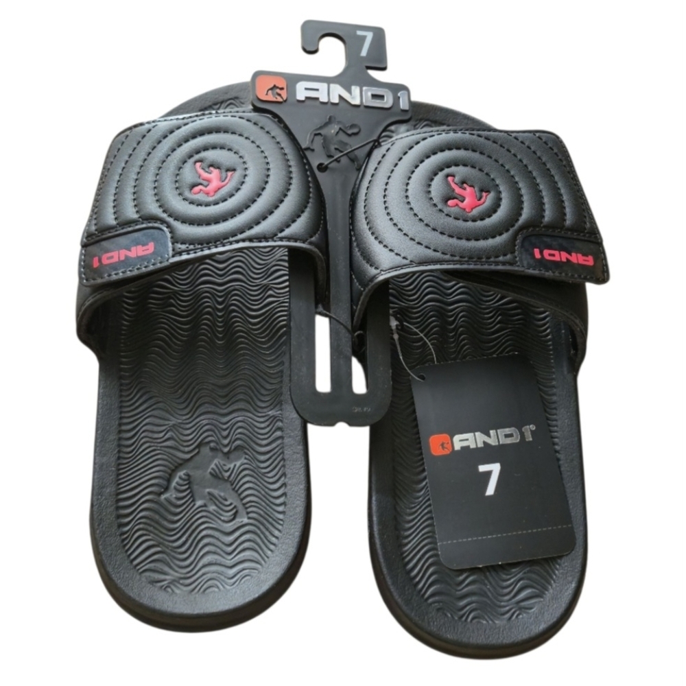 AND1 Men's Athletic Adjustable Swirl Black Slide Sandals Size 7. New!